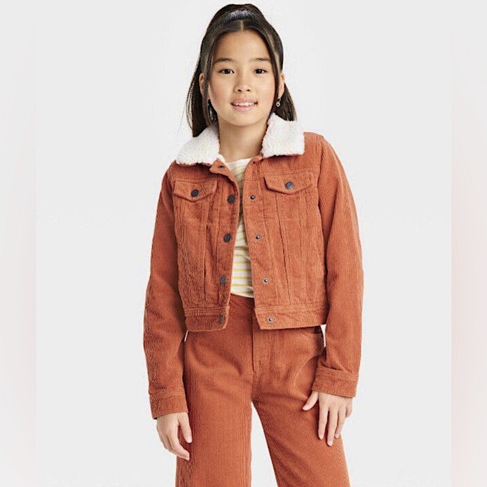 Cat & Jack | Girls rust corduroy sherpa lined snap front trucker jacket size XL